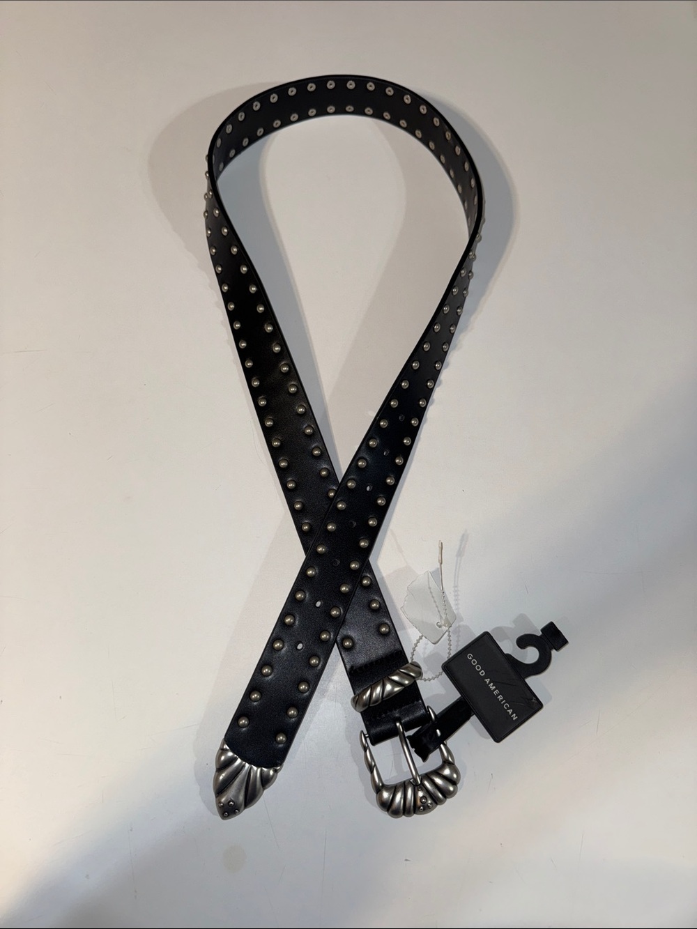 Good American Black Studded Leather Belt with Silver Decorative Buckle